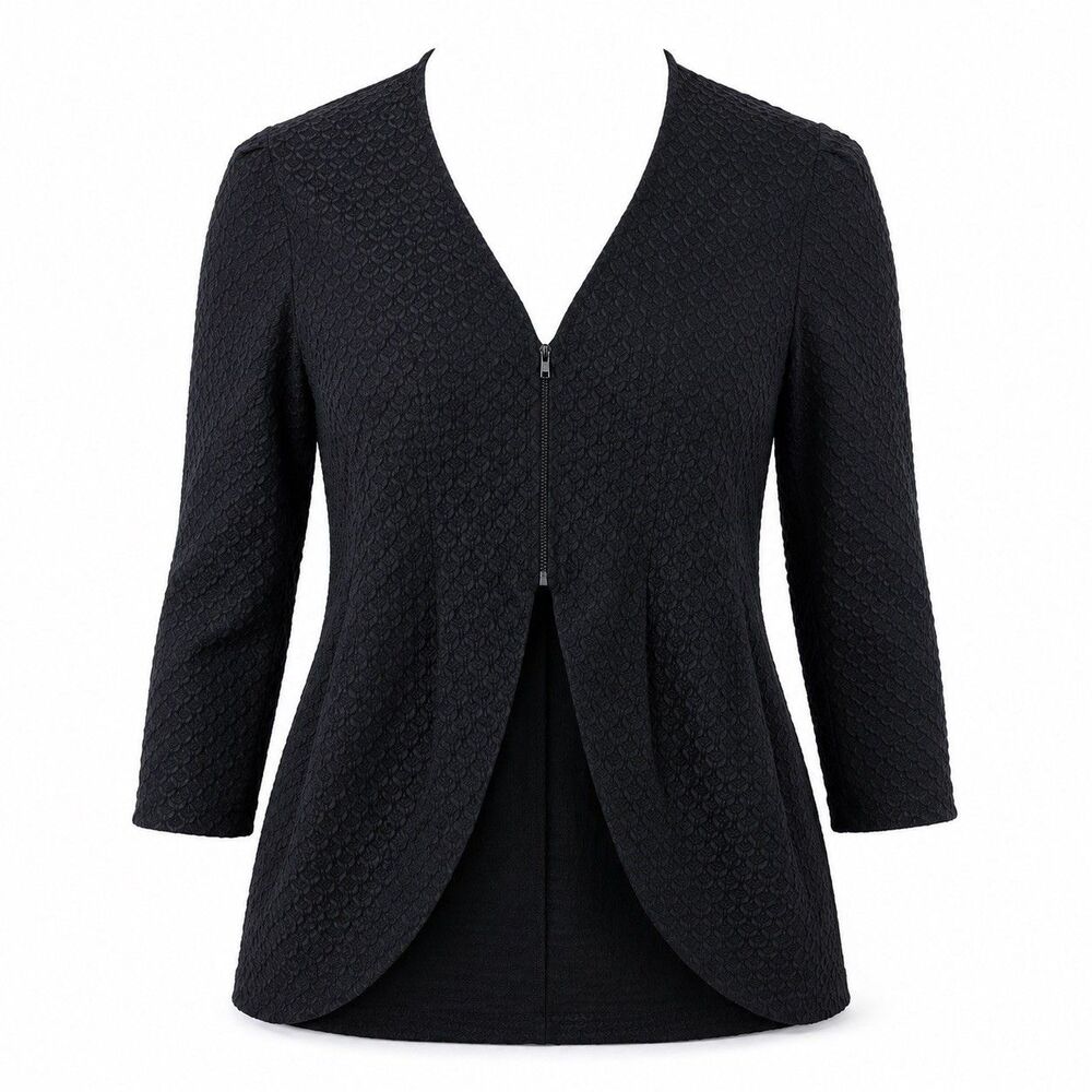 Amy Rigg Women Large Black Textured Zip Front Blazer Jacket Open Curved Hem Chic